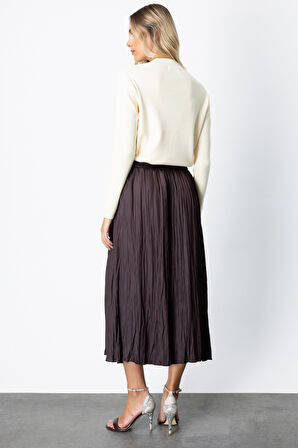 On Kadın Kırışık Görünümlü Midi Etek 64209 Kahverengi