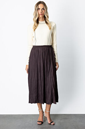 On Kadın Kırışık Görünümlü Midi Etek 64209 Kahverengi