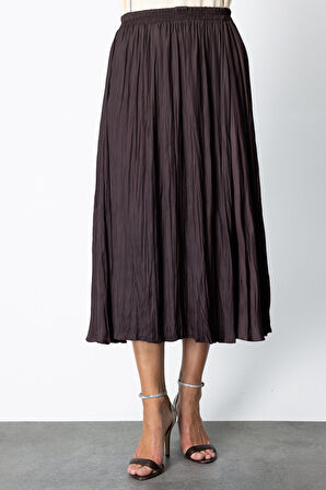 On Kadın Kırışık Görünümlü Midi Etek 64209 Kahverengi