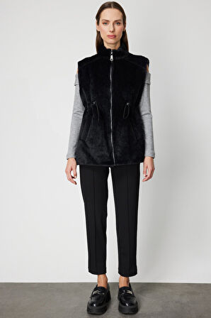 On Kadın Dik Yaka Beli Lastikli Peluş Yelek 66932 Siyah