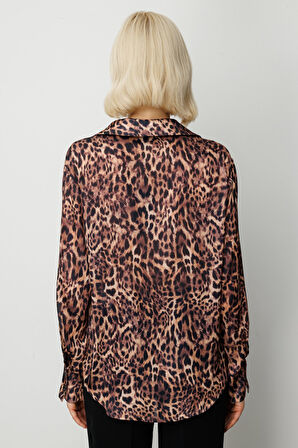 On Kadın Çizgili Saten Gömlek 64300 Leopar