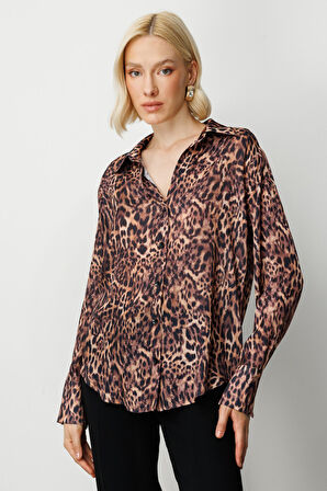 On Kadın Çizgili Saten Gömlek 64300 Leopar