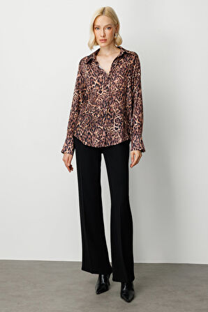 On Kadın Çizgili Saten Gömlek 64300 Leopar