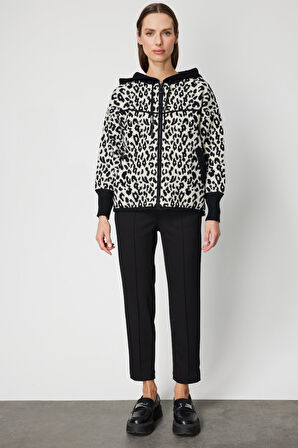 On Kadın Leopar Desenli Kapüşonlu Hırka 60943 Siyah