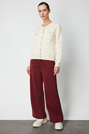 On Kadın Kabartmalı Sıfır Yaka Hırka 66938 Krem