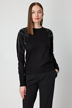 On Kadın Omuzları Taş İşlemeli Triko Kazak 66344 Siyah-Siyah