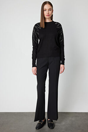 On Kadın Omuzları Taş İşlemeli Triko Kazak 66344 Siyah-Siyah