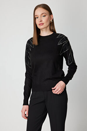 On Kadın Omuzları Taş İşlemeli Triko Kazak 66344 Siyah-Siyah