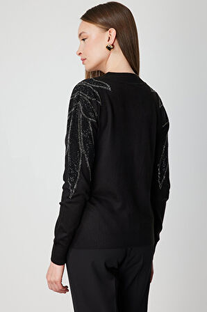 On Kadın Omuzları Taş İşlemeli Triko Kazak 66344 Siyah-Siyah