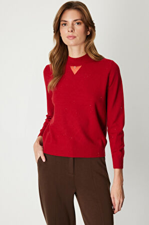On Kadın Metal Aksesuarlı Pul Detaylı Triko Kazak 60345 Kırmızı