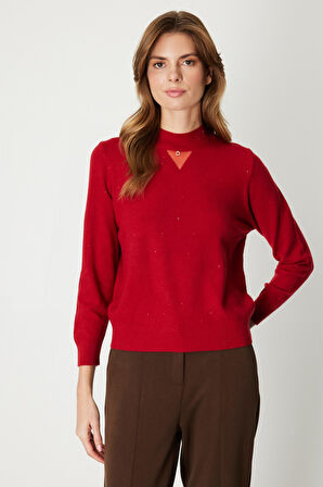 On Kadın Metal Aksesuarlı Pul Detaylı Triko Kazak 60345 Kırmızı