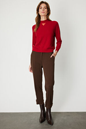 On Kadın Metal Aksesuarlı Pul Detaylı Triko Kazak 60345 Kırmızı