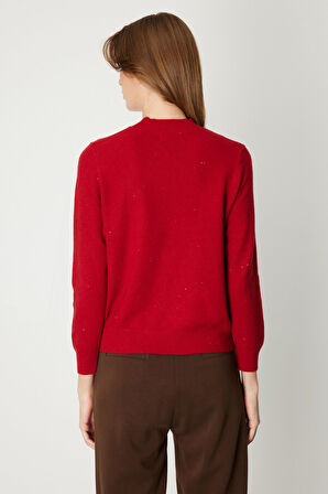 On Kadın Metal Aksesuarlı Pul Detaylı Triko Kazak 60345 Kırmızı