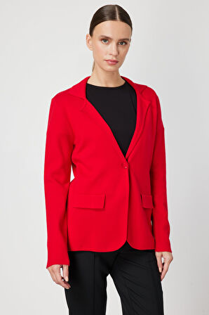 On Kadın Ceket Yaka Triko Hırka 63926 Kırmızı