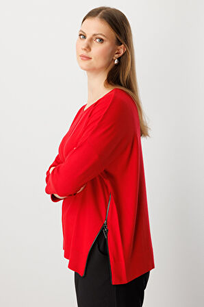 On Kadın Büyük Beden Fermuar Detaylı Triko Kazak 65389 Kırmızı