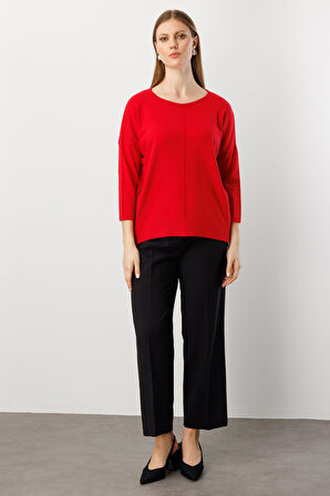 On Kadın Büyük Beden Fermuar Detaylı Triko Kazak 65389 Kırmızı