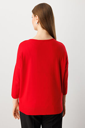 On Kadın Büyük Beden Fermuar Detaylı Triko Kazak 65389 Kırmızı