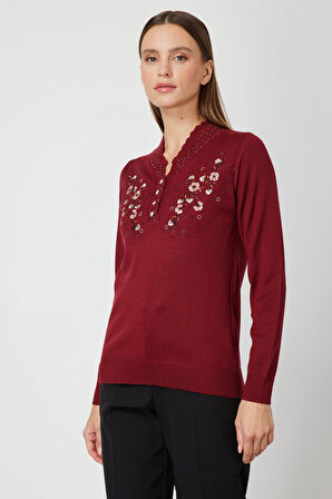On Kadın V Yaka Çiçek İşlemeli Triko Kazak 65307 Bordo