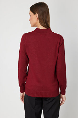 On Kadın V Yaka Çiçek İşlemeli Triko Kazak 65307 Bordo