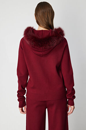 On Kadın Yakası Kürklü Fermuarlı Triko Hırka 63918 Bordo