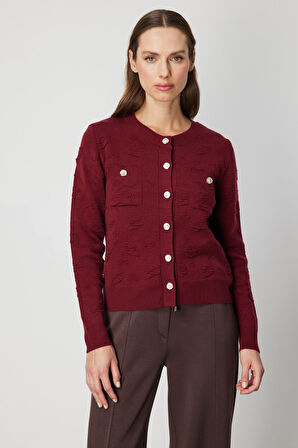 On Kadın Kabartmalı Sıfır Yaka Hırka 66938 Bordo