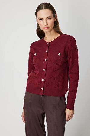 On Kadın Kabartmalı Sıfır Yaka Hırka 66938 Bordo