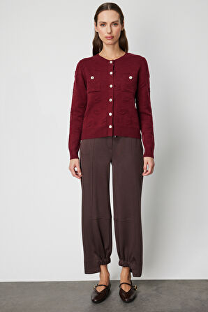 On Kadın Kabartmalı Sıfır Yaka Hırka 66938 Bordo