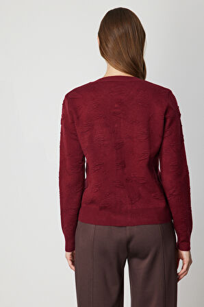 On Kadın Kabartmalı Sıfır Yaka Hırka 66938 Bordo