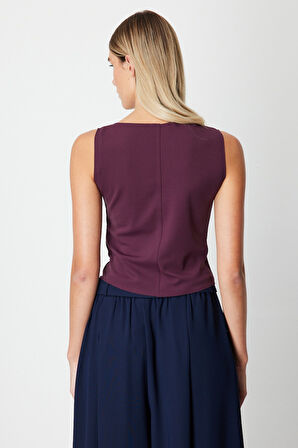 On Kadın Dikiş Detaylı Kolsuz Bluz 61369 Bordo