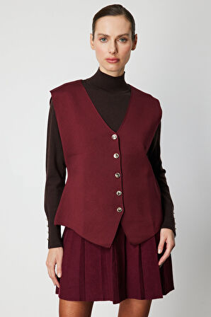 On Kadın V Yaka Triko Yelek 66915 Bordo