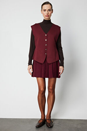 On Kadın V Yaka Triko Yelek 66915 Bordo