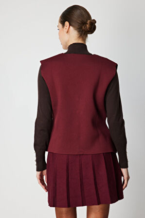 On Kadın V Yaka Triko Yelek 66915 Bordo