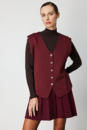 On Kadın V Yaka Triko Yelek 66915 Bordo