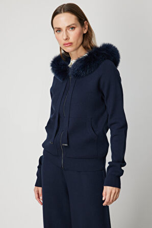 On Kadın Yakası Kürklü Fermuarlı Triko Hırka 63918 Lacivert