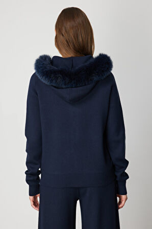 On Kadın Yakası Kürklü Fermuarlı Triko Hırka 63918 Lacivert