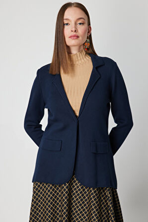 On Kadın Ceket Yaka Triko Hırka 63926 Lacivert