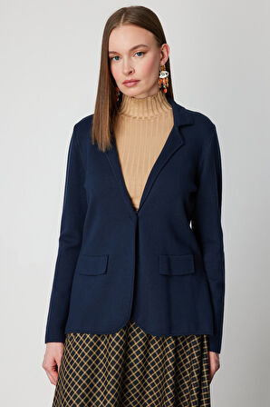 On Kadın Ceket Yaka Triko Hırka 63926 Lacivert