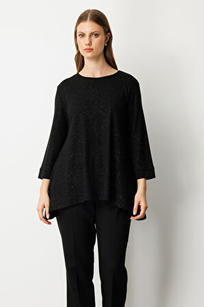 On Kadın Büyük Beden Kumaşı Simli Rahat Kalıp Bluz 61393 Siyah