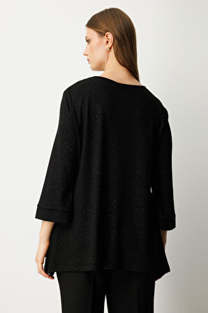 On Kadın Büyük Beden Kumaşı Simli Rahat Kalıp Bluz 61393 Siyah