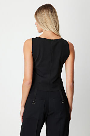 On Kadın Dikiş Detaylı Kolsuz Bluz 61369 Siyah