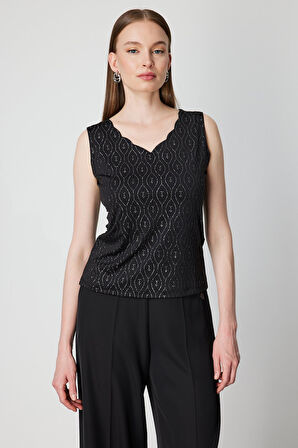 On Kadın Dilim Yaka Simli Bluz 61389 Siyah