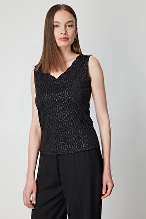 On Kadın Dilim Yaka Simli Bluz 61389 Siyah