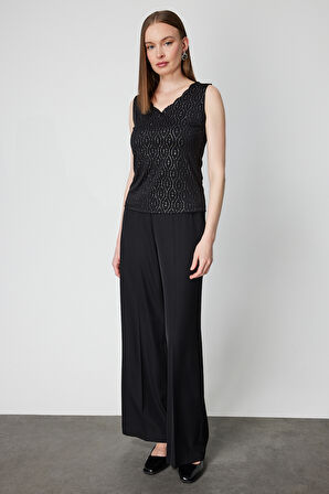 On Kadın Dilim Yaka Simli Bluz 61389 Siyah