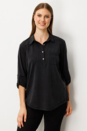 On Kadın Büyük Beden Yakası Düğmeli Cep Detaylı Bluz 61356 Siyah