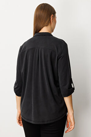 On Kadın Büyük Beden Yakası Düğmeli Cep Detaylı Bluz 61356 Siyah