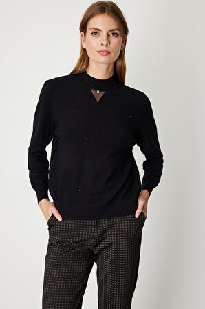 On Kadın Metal Aksesuarlı Pul Detaylı Triko Kazak 60345 Siyah