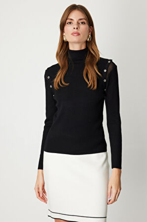 On Kadın Balıkçı Yaka Düğme Detaylı Triko Kazak 60414 Siyah