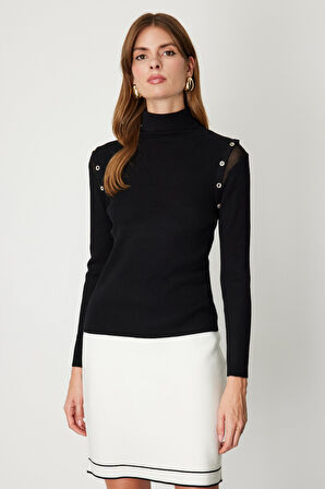 On Kadın Balıkçı Yaka Düğme Detaylı Triko Kazak 60414 Siyah