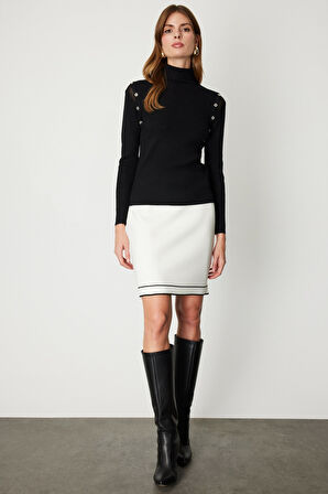 On Kadın Balıkçı Yaka Düğme Detaylı Triko Kazak 60414 Siyah