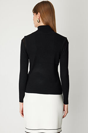 On Kadın Balıkçı Yaka Düğme Detaylı Triko Kazak 60414 Siyah